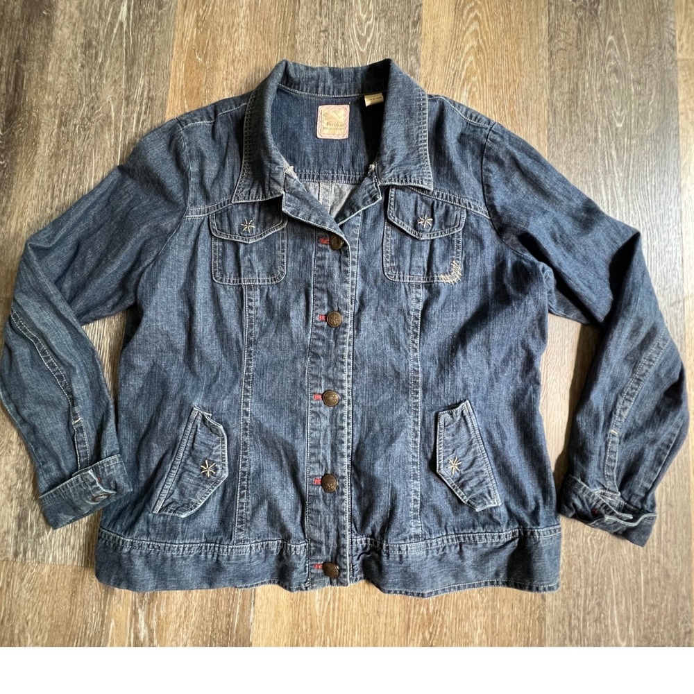 Natural Reflections Denim Jacket Women 1X Blue Embroidered Button Up Cotton